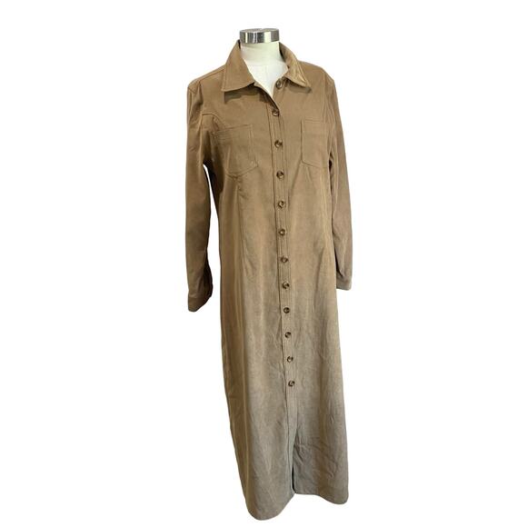 Vintage Joanna Tan Soft Midi Shirt Dress Button Down Long Sleeve Duster Sz M - Picture 2 of 11